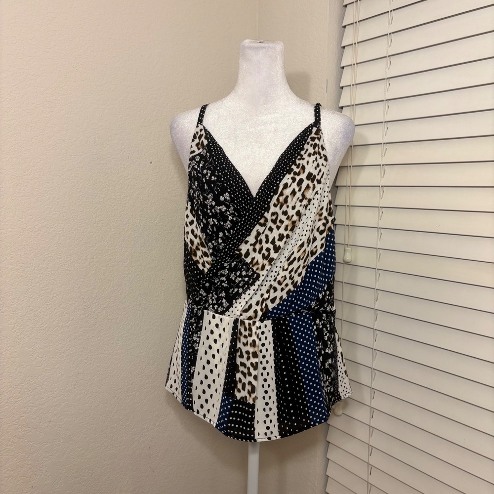 Cabi patchwork mixed print floral animal polkadot v neck cami blouse size 10